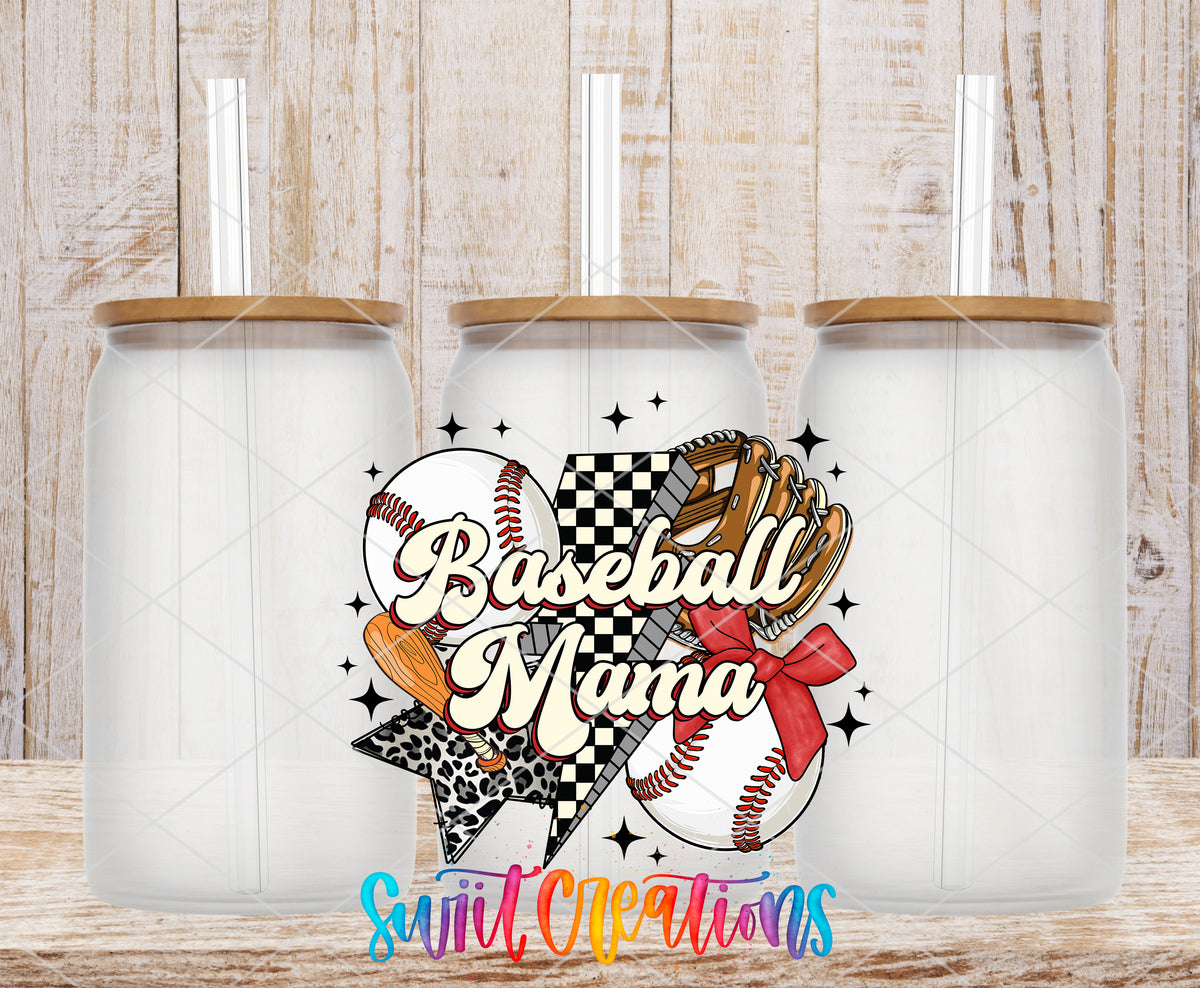 Baseball Mama frosted glass tumbler mockup with bamboo lids and straws