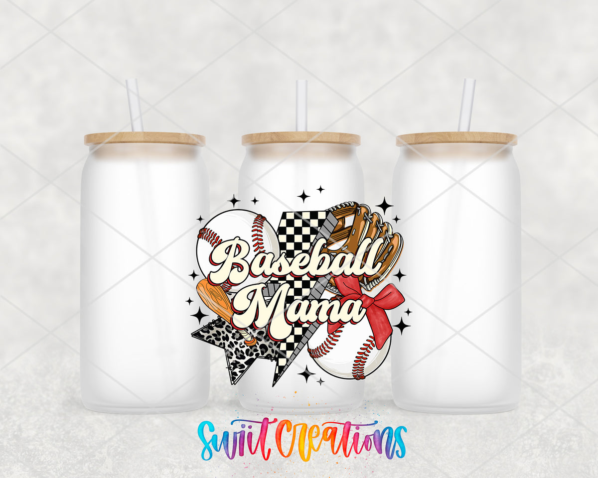 Baseball Mama frosted glass tumbler group view with lids and straws