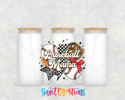 Baseball Mama frosted glass tumbler group view with lids and straws