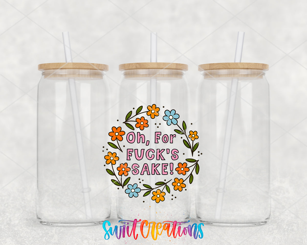 Oh for Fuck's Sake clear glass tumbler group mockup with bamboo lids and straws