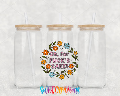 Oh for Fuck's Sake clear glass tumbler group mockup with bamboo lids and straws