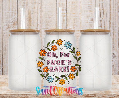 Oh for Fuck's Sake frosted glass tumbler mockup with bamboo lids and straws