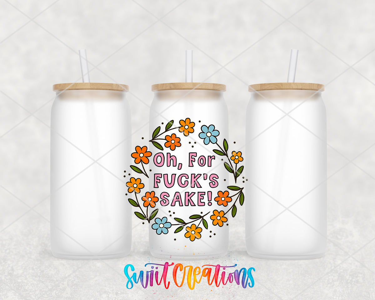 Oh for Fuck's Sake frosted glass tumbler group view with lids and straws