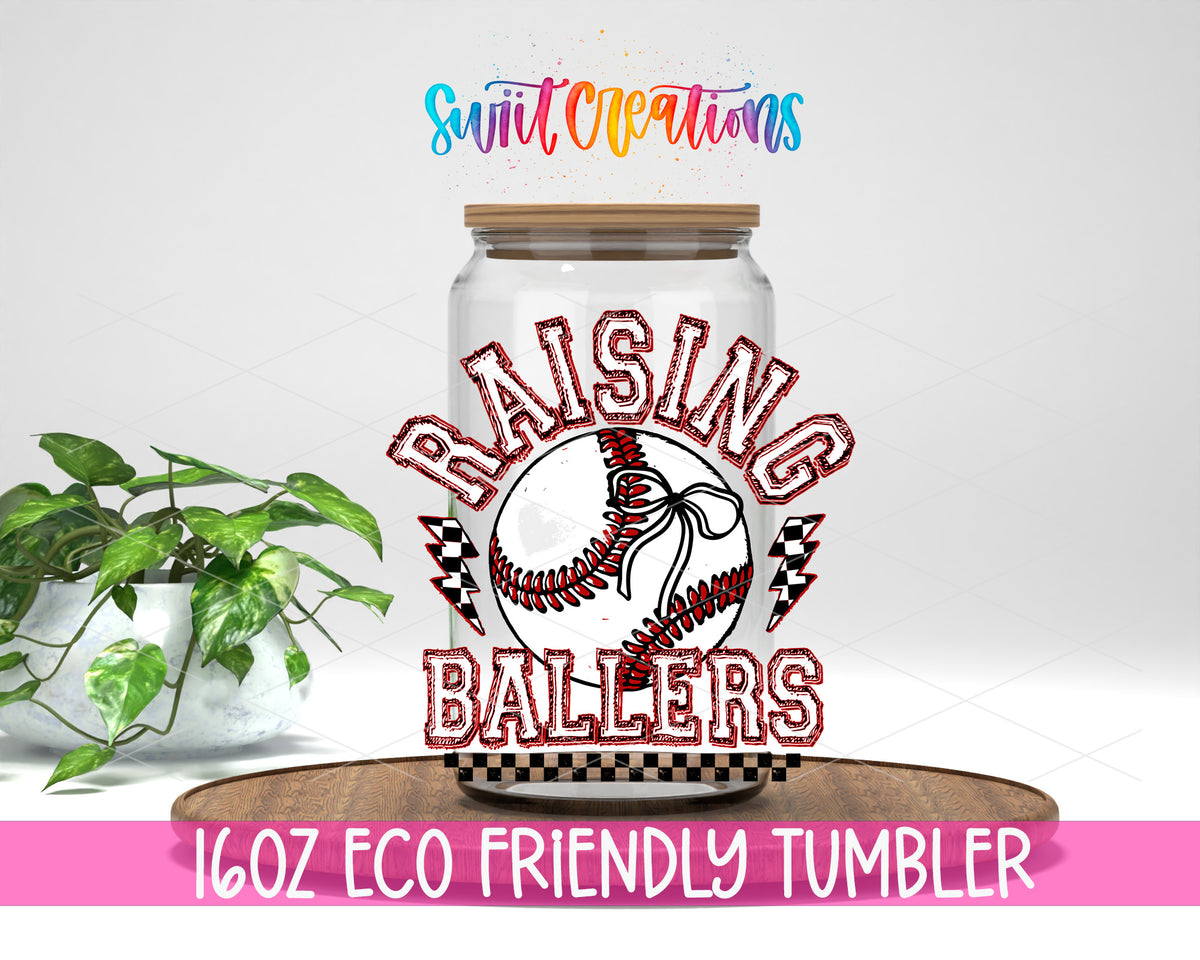 Raising Ballers Baseball design on a 16 oz clear glass tumbler with bamboo lid