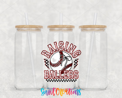 Raising Ballers Baseball clear glass tumbler group mockup with bamboo lids and straws
