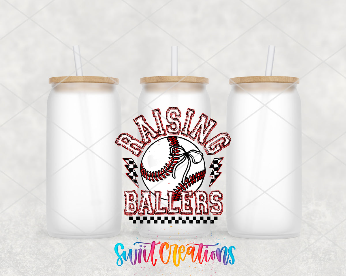 Raising Ballers Baseball frosted glass tumbler group view with lids and straws