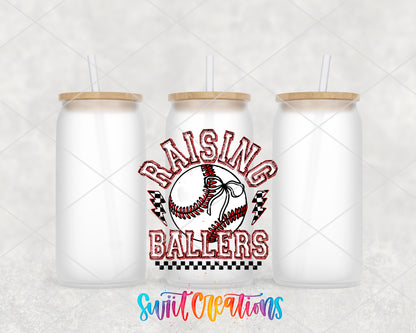 Raising Ballers Baseball frosted glass tumbler group view with lids and straws