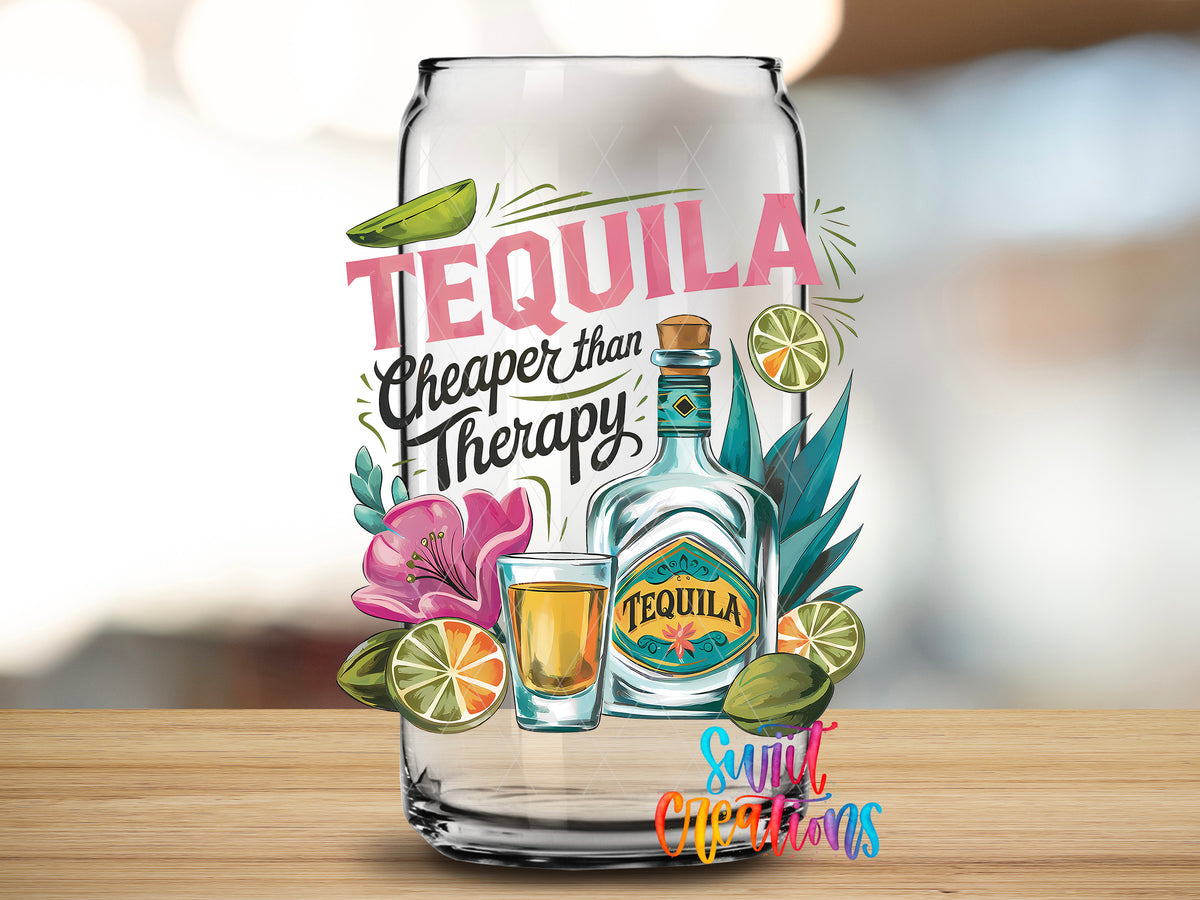 Tequila Is Cheaper Than Therapy design close-up on a clear glass can tumbler