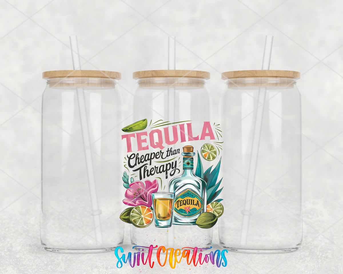 Tequila Is Cheaper Than Therapy clear glass tumbler group mockup with bamboo lids and straws