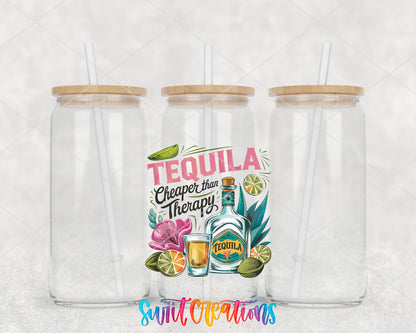 Tequila Is Cheaper Than Therapy clear glass tumbler group mockup with bamboo lids and straws