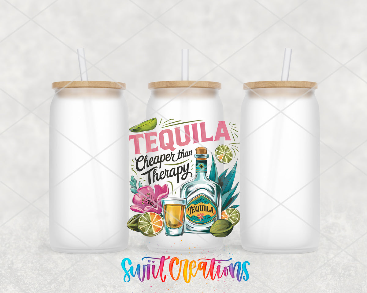 Tequila Is Cheaper Than Therapy frosted glass tumbler group view with lids and straws