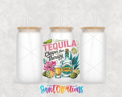 Tequila Is Cheaper Than Therapy frosted glass tumbler group view with lids and straws