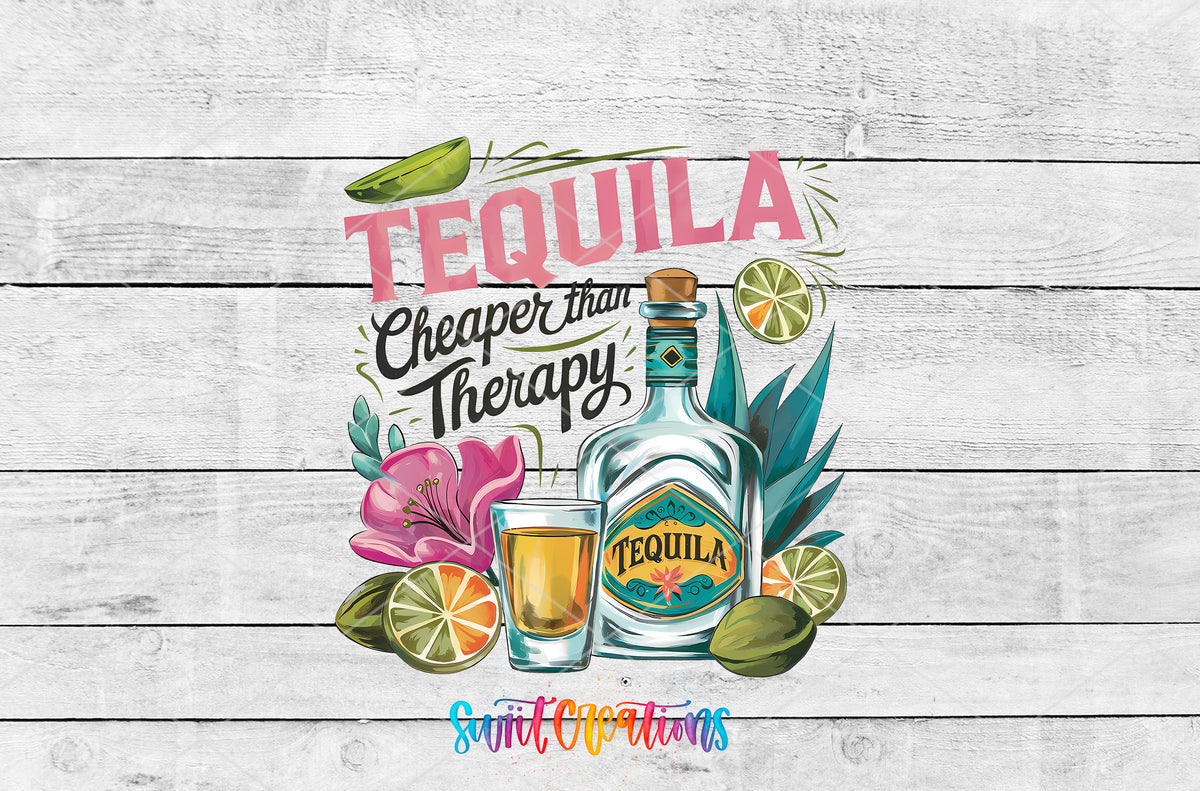Tequila Is Cheaper Than Therapy artwork detail for the finished 16 oz tumbler