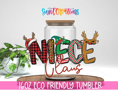 Niece Claus design on a 16 oz clear glass tumbler with bamboo lid