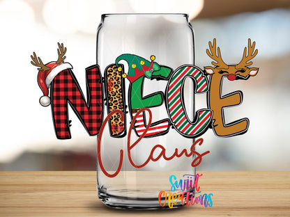 Niece Claus design close-up on a clear glass can tumbler