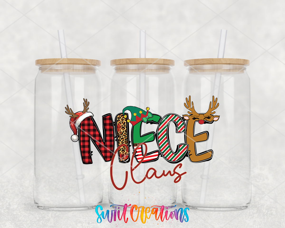 Niece Claus clear glass tumbler group mockup with bamboo lids and straws