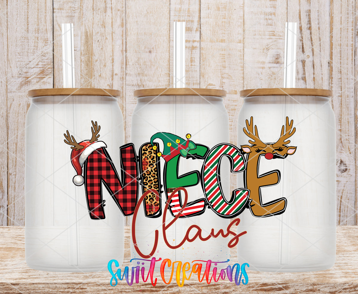 Niece Claus frosted glass tumbler mockup with bamboo lids and straws