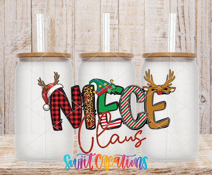 Niece Claus frosted glass tumbler mockup with bamboo lids and straws