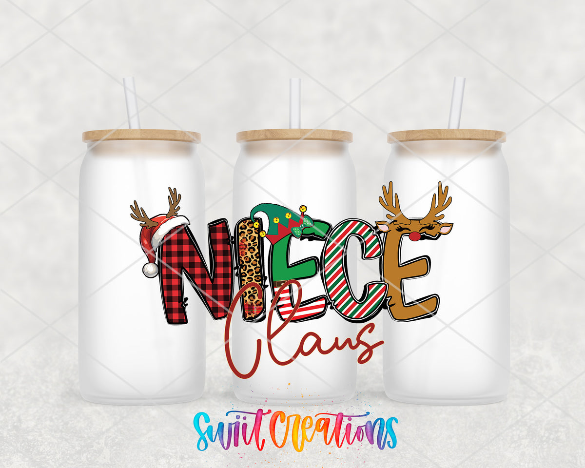 Niece Claus frosted glass tumbler group view with lids and straws