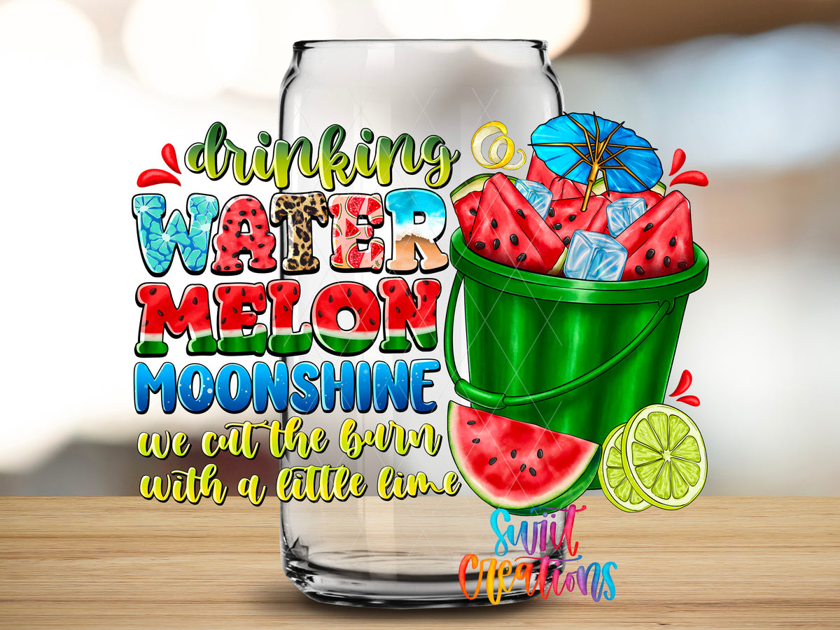 Drinking Watermelon Moonshine design close-up on a clear glass can tumbler