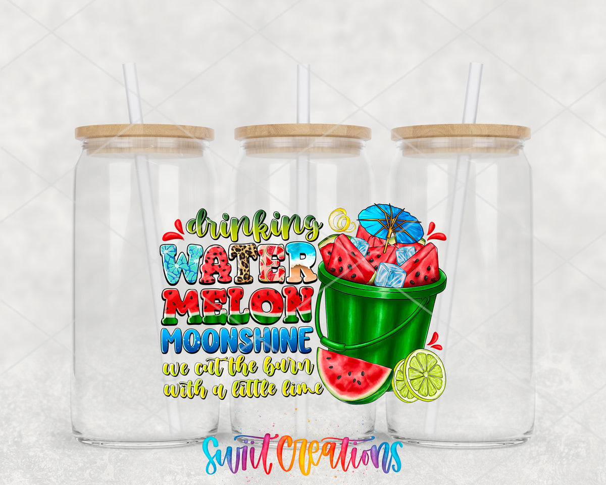 Drinking Watermelon Moonshine clear glass tumbler group mockup with bamboo lids and straws