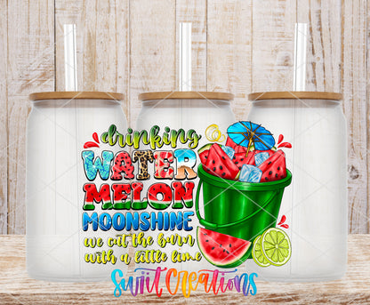 Drinking Watermelon Moonshine frosted glass tumbler mockup with bamboo lids and straws