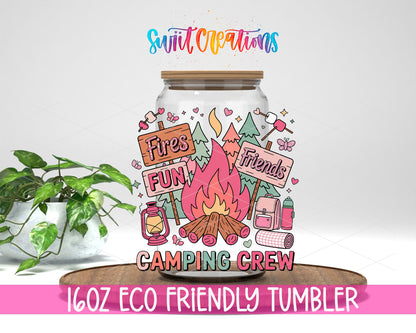 Camping Crew design on a 16 oz clear glass tumbler with bamboo lid
