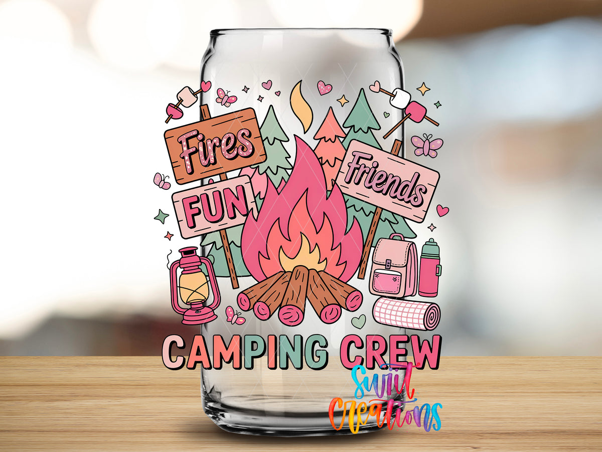 Camping Crew design close-up on a clear glass can tumbler