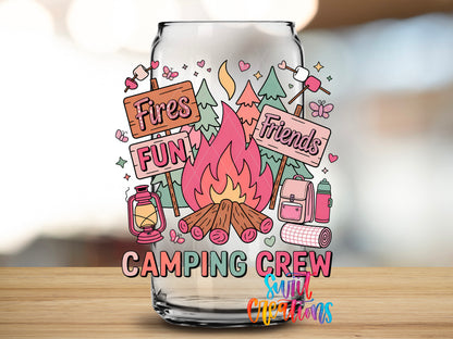 Camping Crew design close-up on a clear glass can tumbler