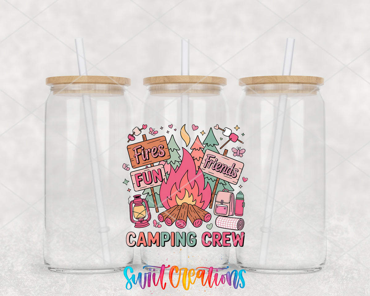 Camping Crew clear glass tumbler group mockup with bamboo lids and straws
