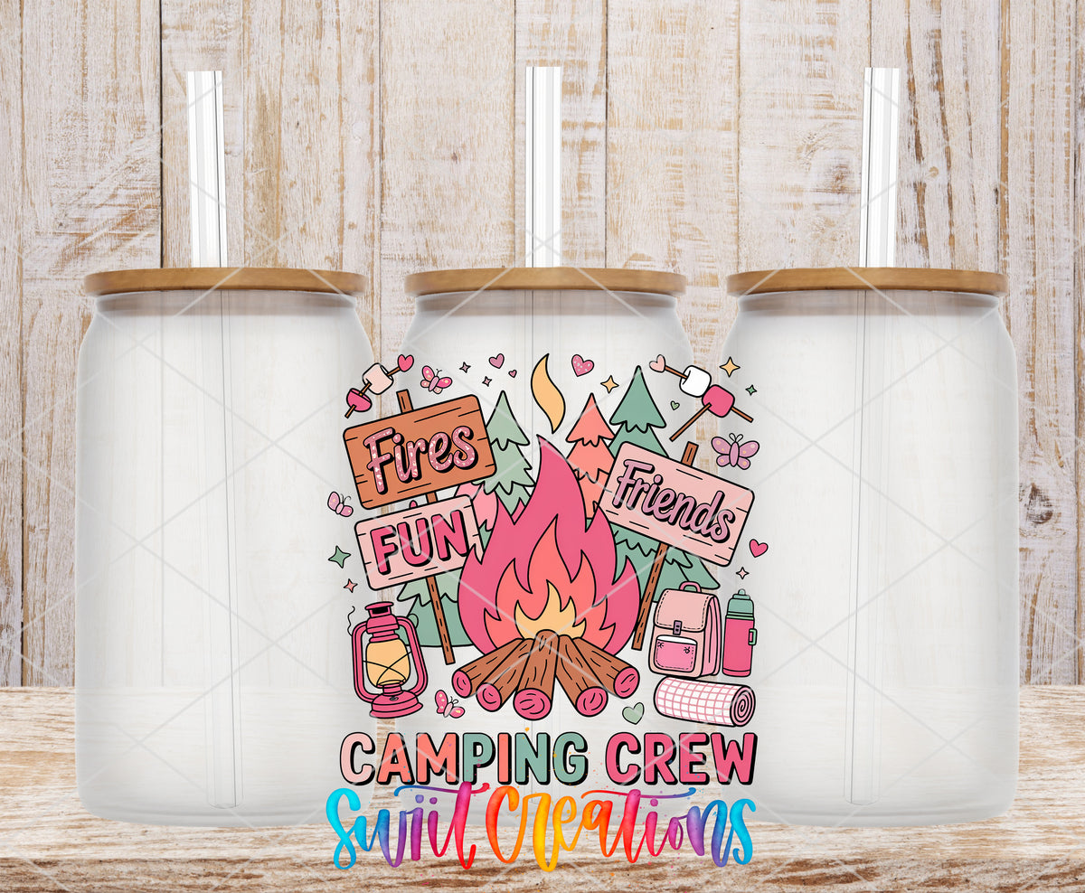 Camping Crew frosted glass tumbler mockup with bamboo lids and straws