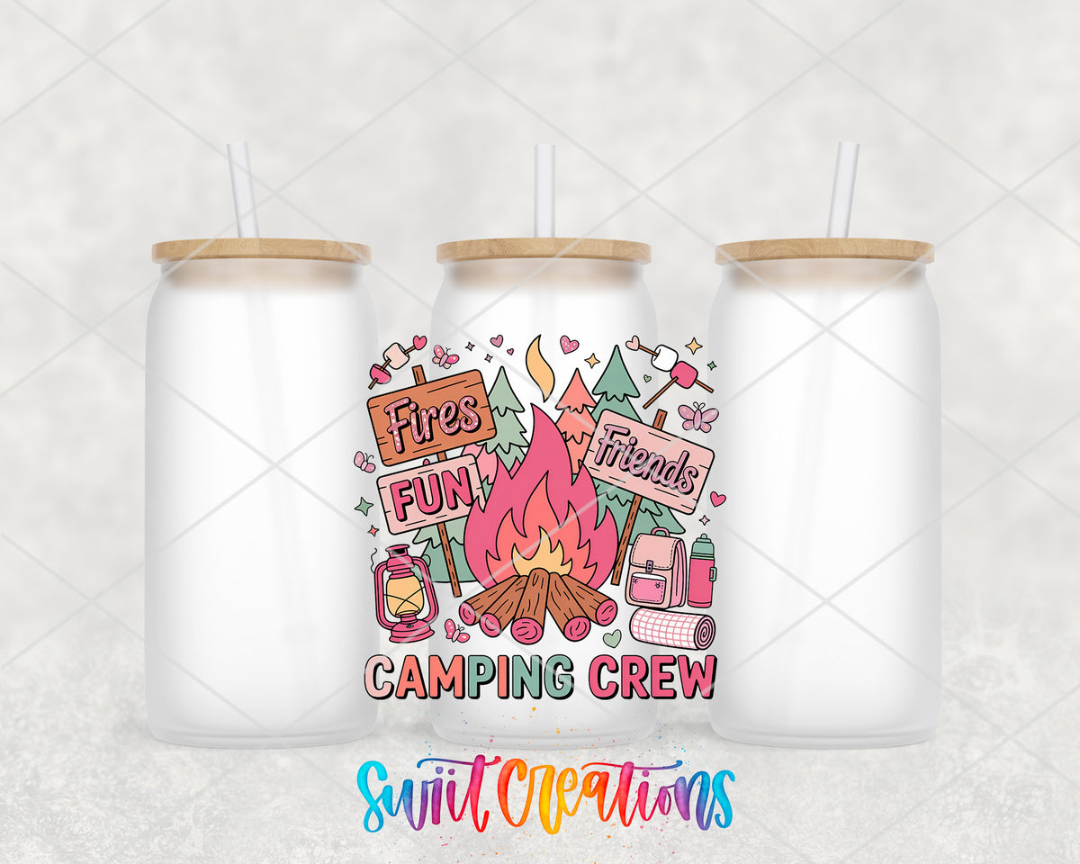 Camping Crew frosted glass tumbler group view with lids and straws