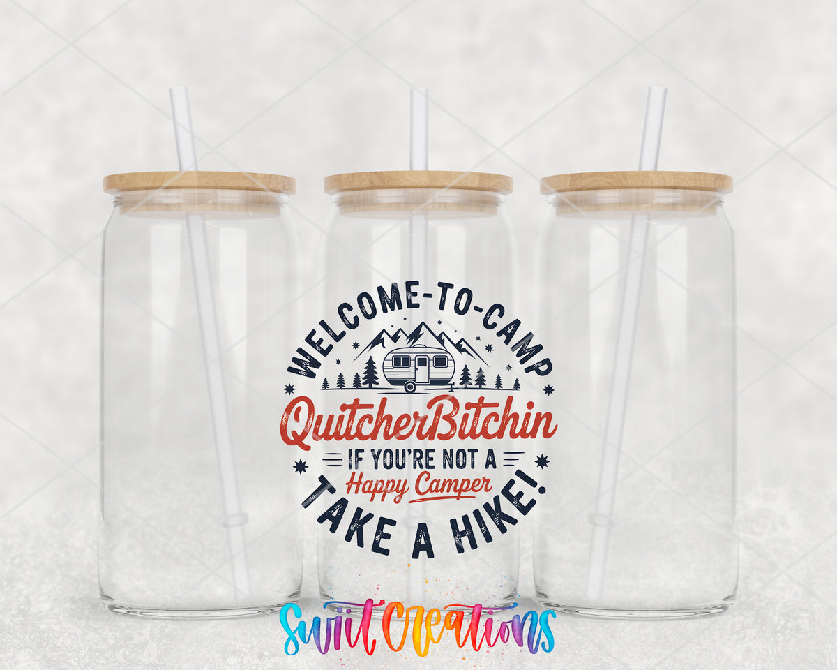 Welcome to Camp Quitcherbitchen clear glass tumbler group mockup with bamboo lids and straws