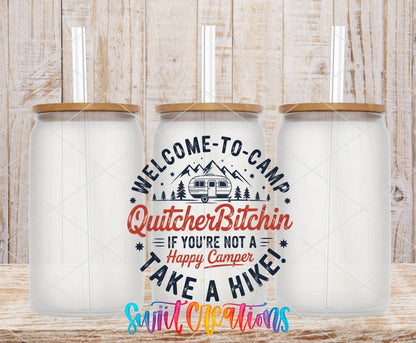 Welcome to Camp Quitcherbitchen frosted glass tumbler mockup with bamboo lids and straws