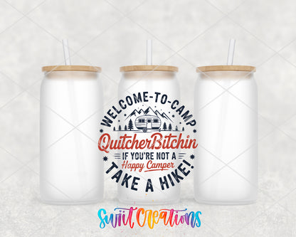Welcome to Camp Quitcherbitchen frosted glass tumbler group view with lids and straws