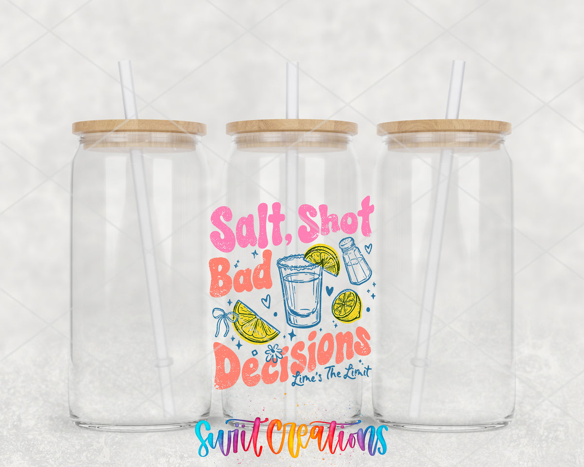 Salt Shot Bad Decisions clear glass tumbler group mockup with bamboo lids and straws