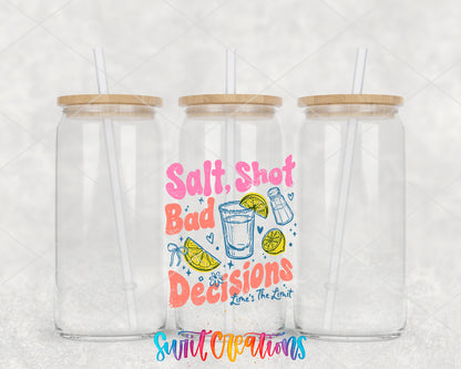 Salt Shot Bad Decisions clear glass tumbler group mockup with bamboo lids and straws