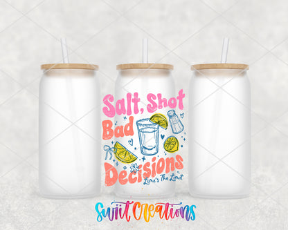 Salt Shot Bad Decisions frosted glass tumbler group view with lids and straws