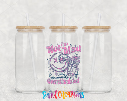 I'm Not Mad Just Overstimulated clear glass tumbler group mockup with bamboo lids and straws