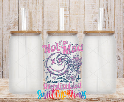 I'm Not Mad Just Overstimulated frosted glass tumbler mockup with bamboo lids and straws