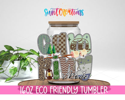 Camping Mode design on a 16 oz clear glass tumbler with bamboo lid