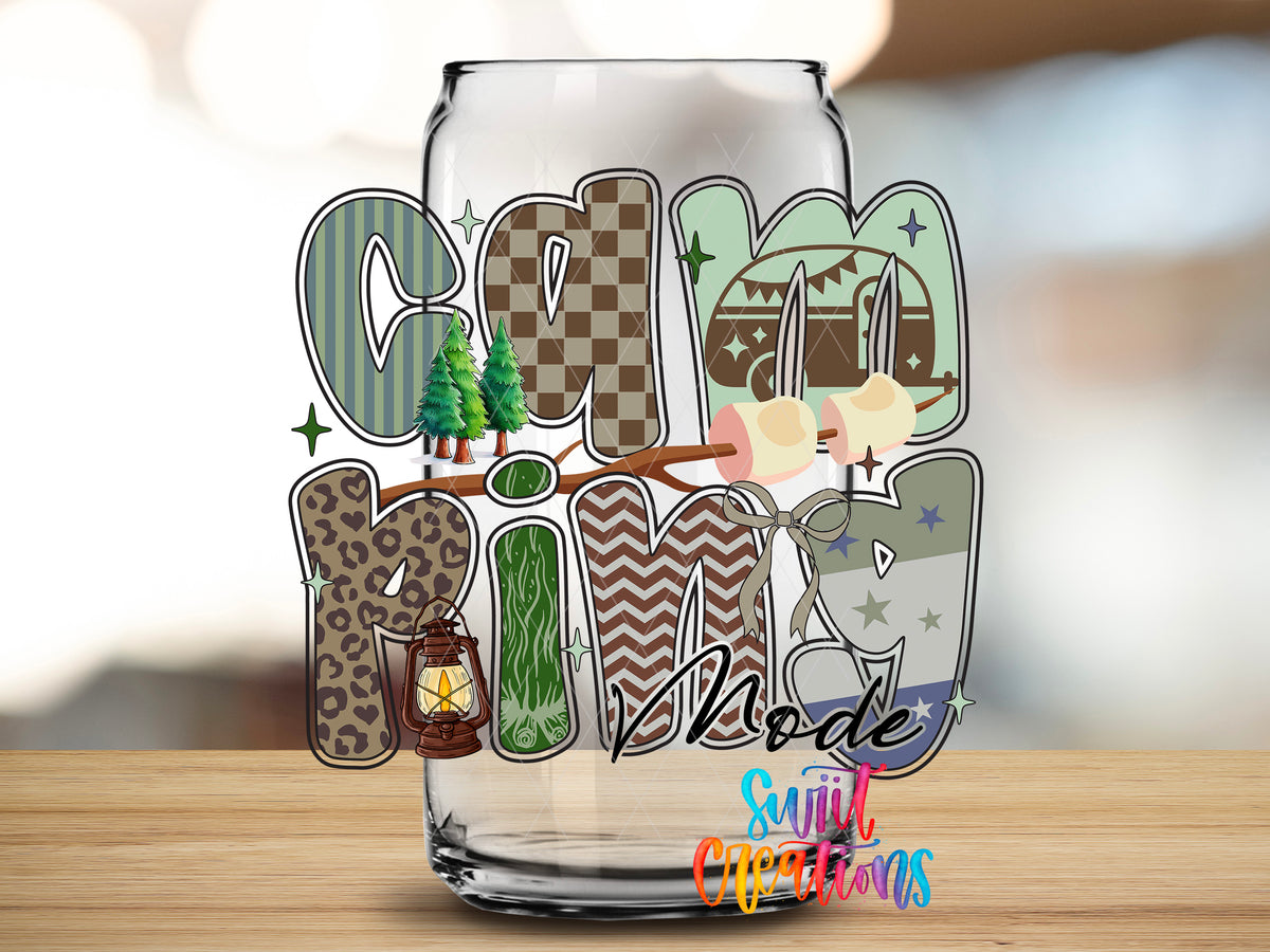 Camping Mode design close-up on a clear glass can tumbler