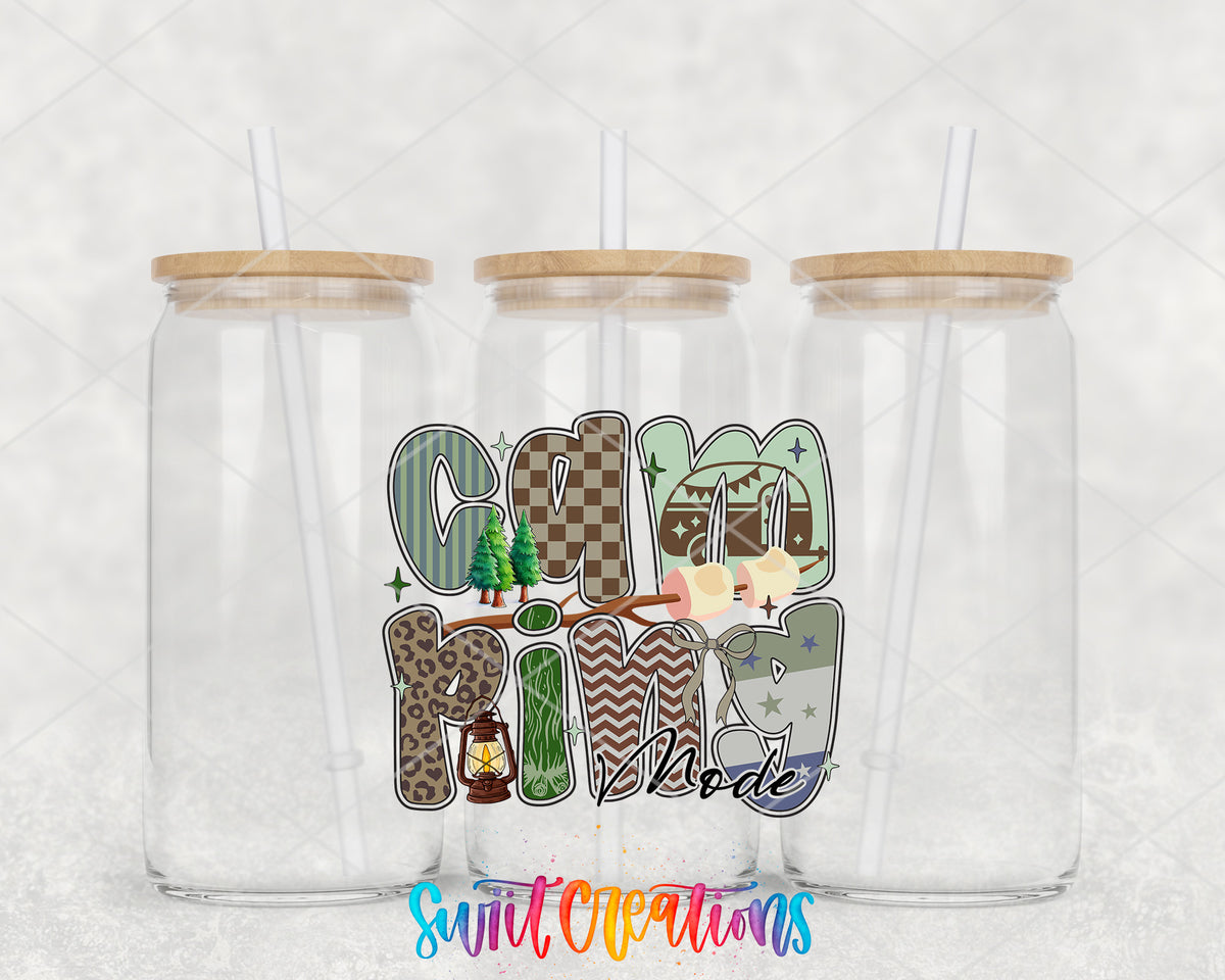 Camping Mode clear glass tumbler group mockup with bamboo lids and straws