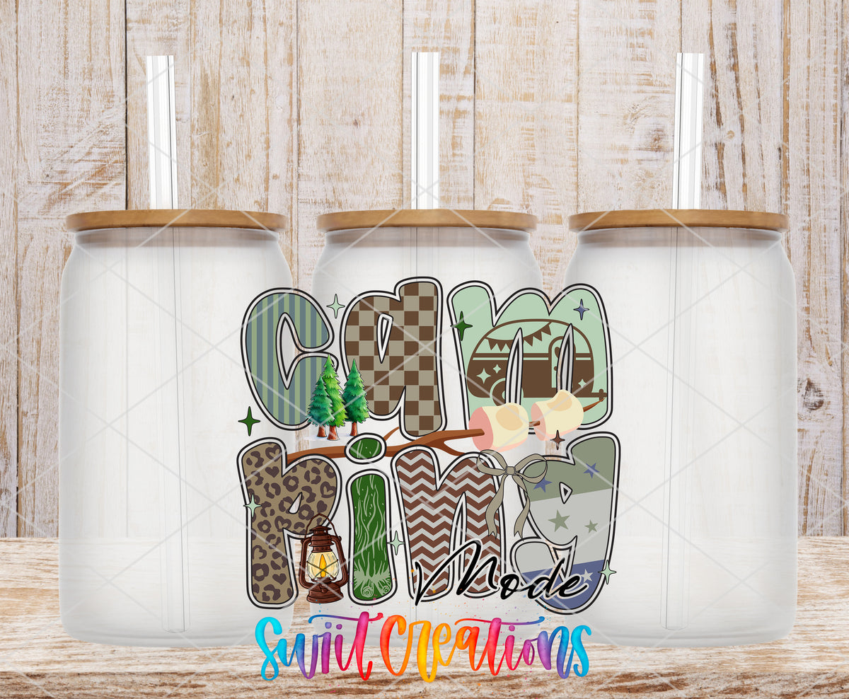 Camping Mode frosted glass tumbler mockup with bamboo lids and straws