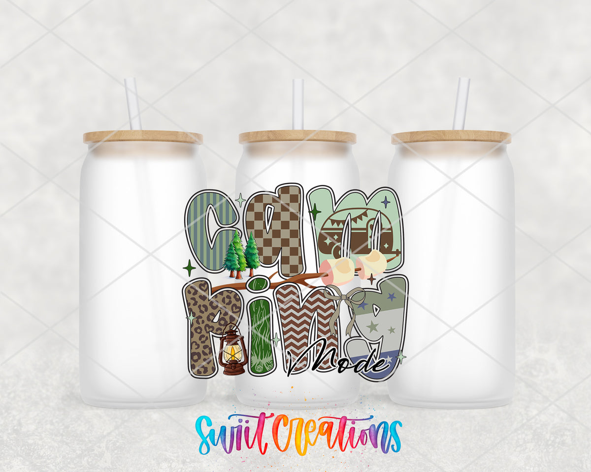 Camping Mode frosted glass tumbler group view with lids and straws