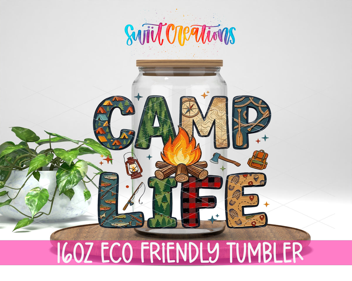 Camp Life design on a 16 oz clear glass tumbler with bamboo lid