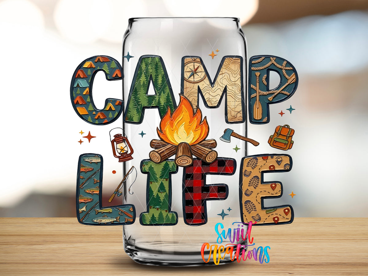 Camp Life design close-up on a clear glass can tumbler