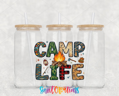 Camp Life clear glass tumbler group mockup with bamboo lids and straws