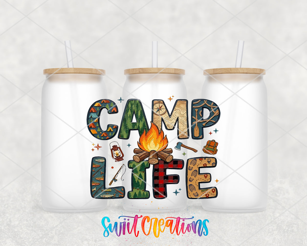 Camp Life frosted glass tumbler group view with lids and straws