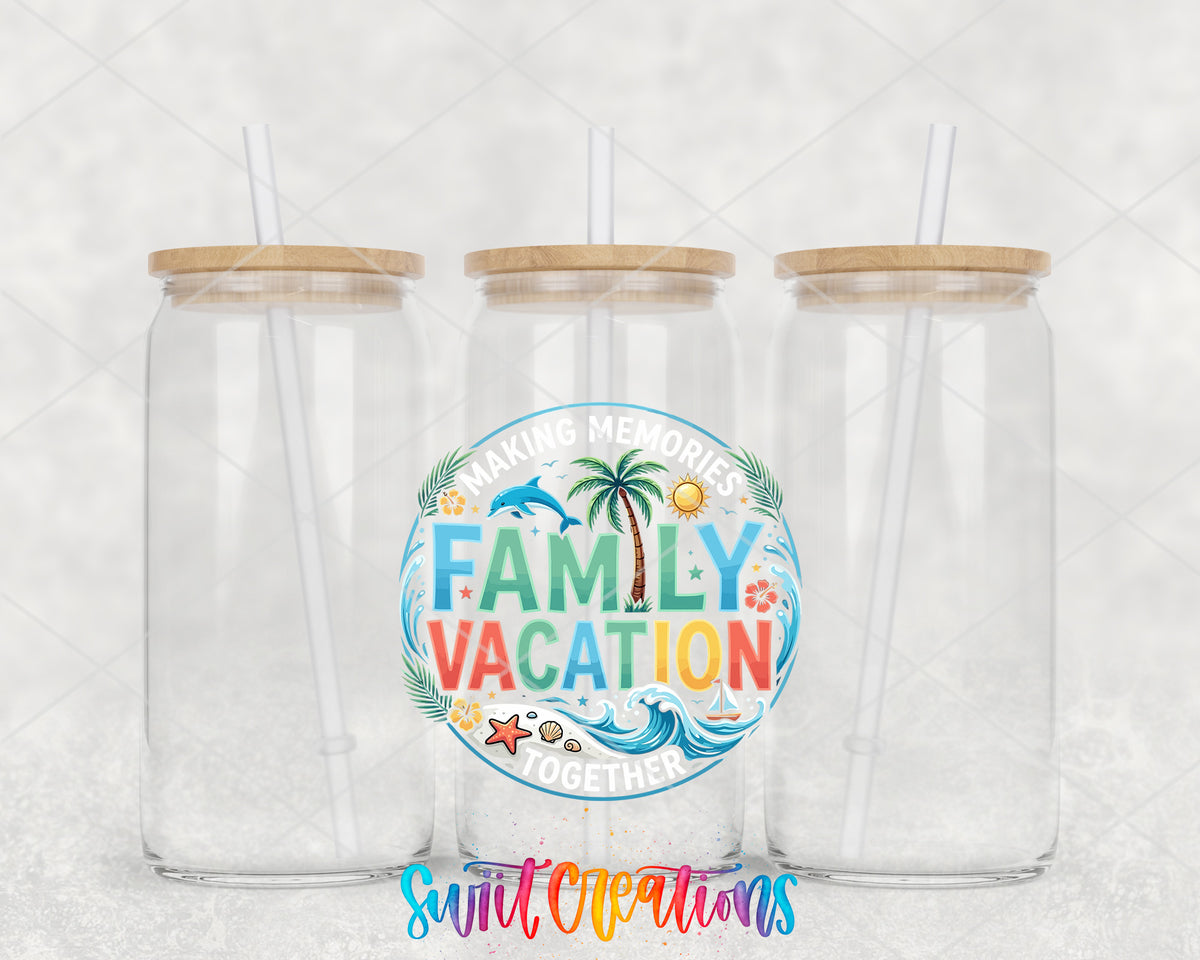 Family Vacation clear glass tumbler group mockup with bamboo lids and straws